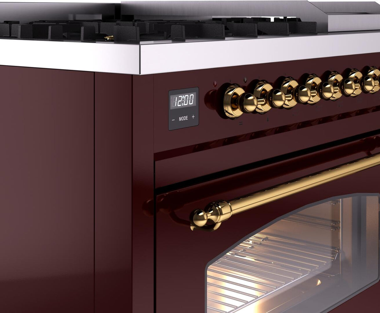 Nostalgie II 48 Inch Dual Fuel Liquid Propane Freestanding Range in Burgundy with Brass Trim
