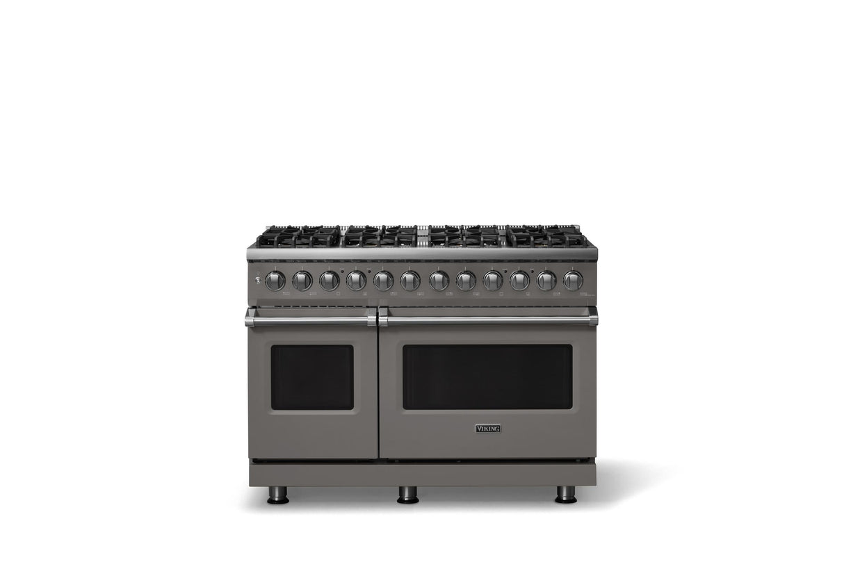 48"W. Dual Fuel Range (Burner: 8b, Finish: Damascus Gray, Trim: Polished Chrome, Fuel: Propane)