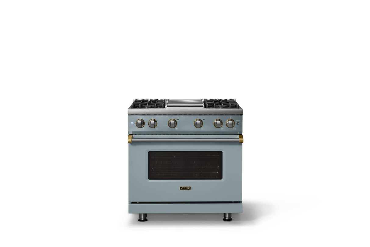 36"W. Sealed Burner Gas Range (Burner: 4g, Finish: November Sky, Trim: Brushed Brass, Fuel: Propane)
