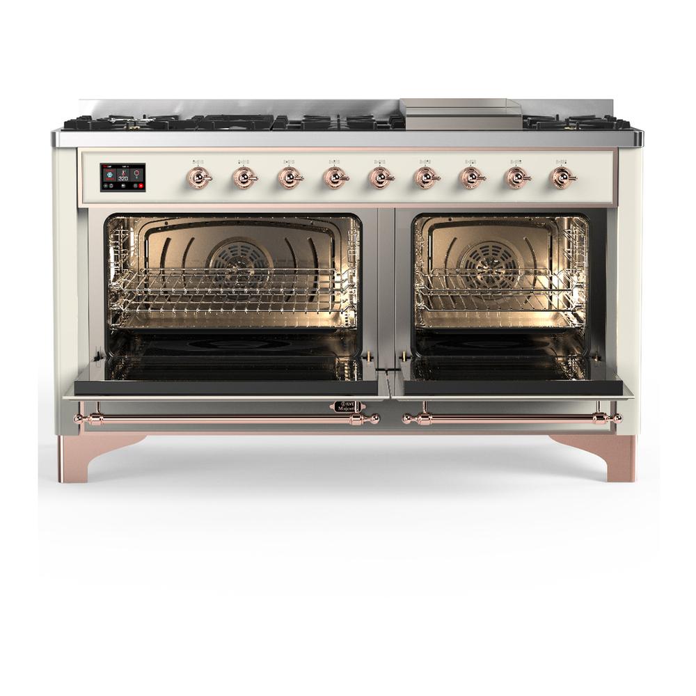 ILVE UM60FQNR3AWP Majestic III 60 inch Dual Fuel Range with 9 Burners and Griddle, Dual Function Burner up to 25,000 BTU (Natural Gas, Solid Door, Antique White, Copper)