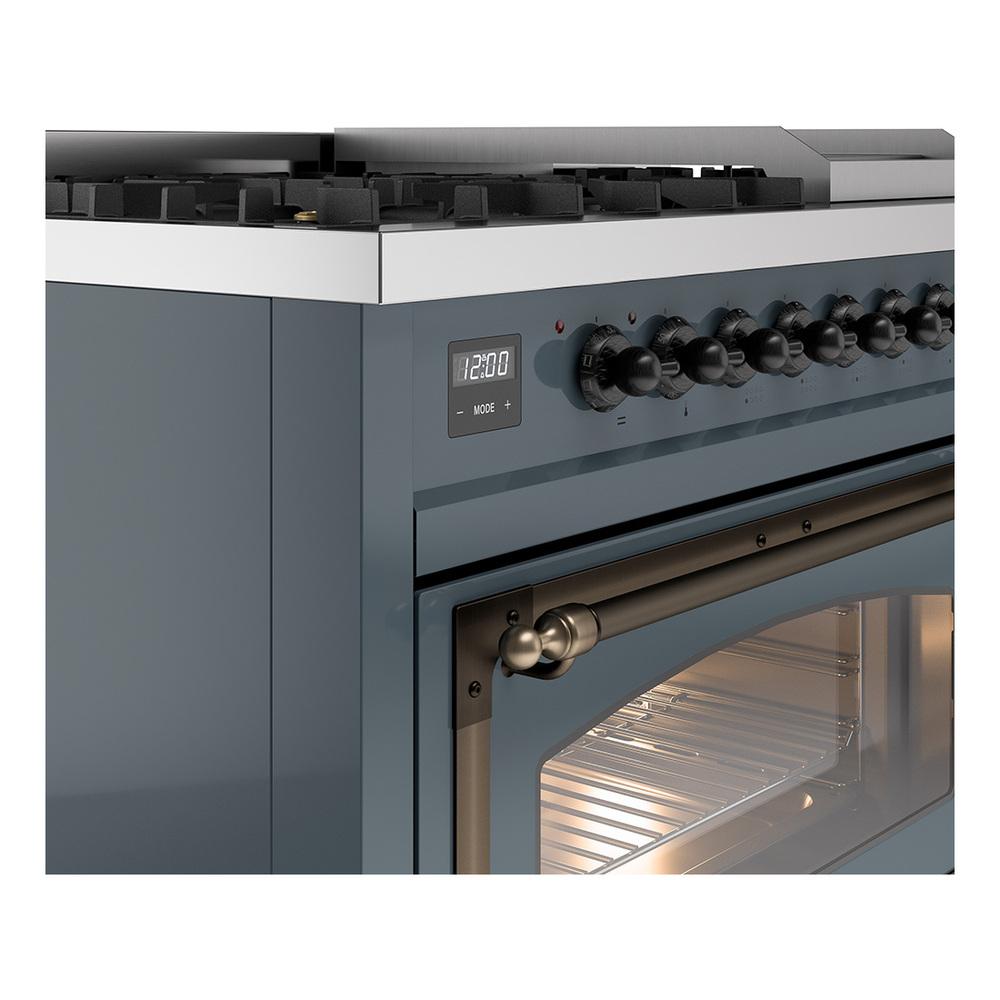 ILVE UN48FNMPBGBLP Nostalgie II Noblesse 48 inch Dual Fuel Range (8 Sealed Burners + Griddle, Liquid Propane, Triple Glass Door, Blue Grey, Burnished)