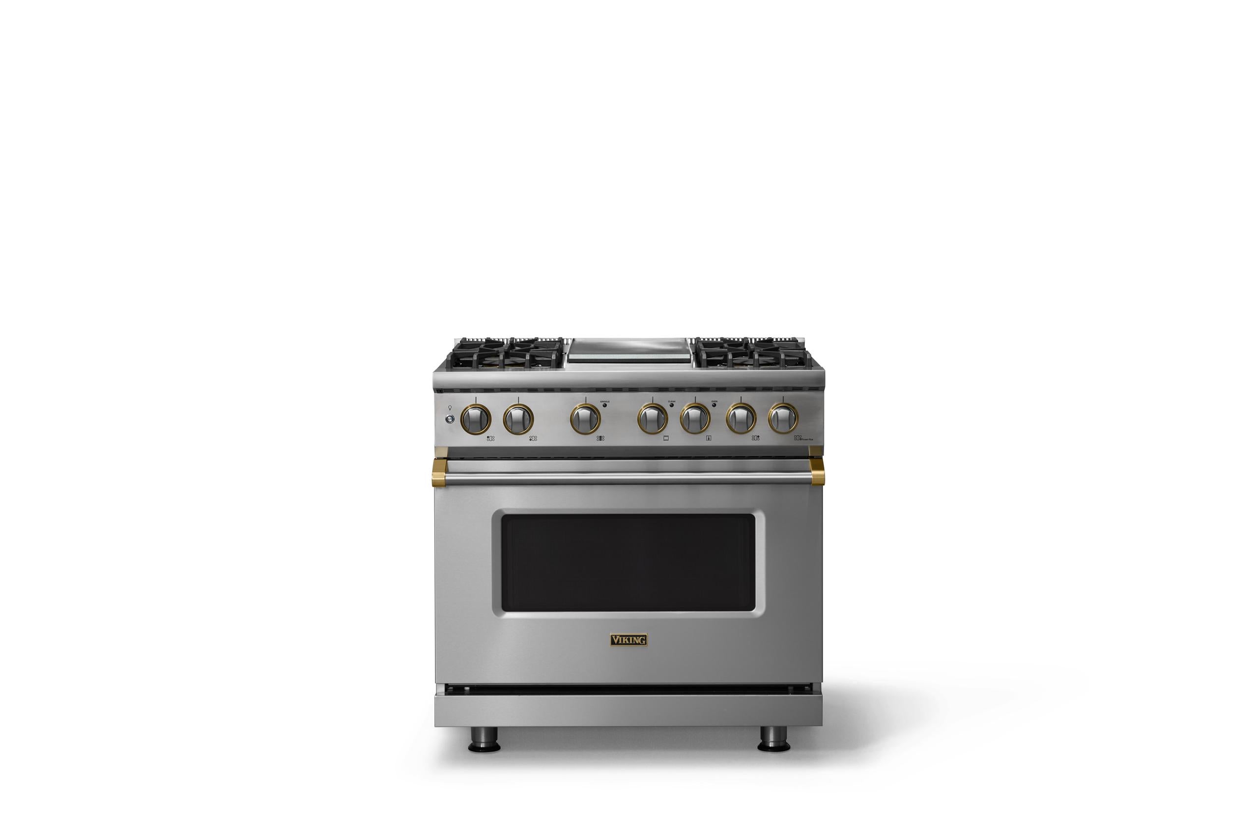 36"W. Dual Fuel Range (Burner: 4g, Finish: Stainless Steel, Trim: Brushed Brass, Fuel: Natural Gas)