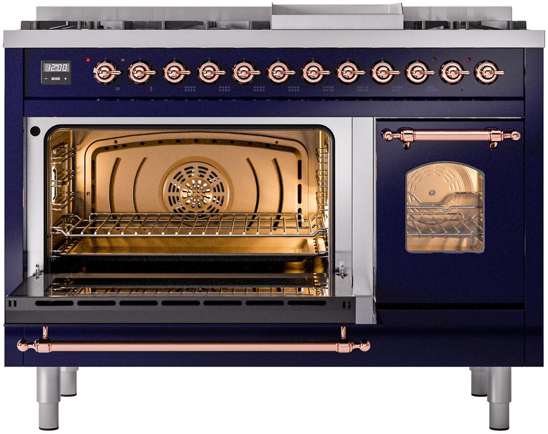 Nostalgie II 48 Inch Dual Fuel Liquid Propane Freestanding Range in Blue with Copper Trim
