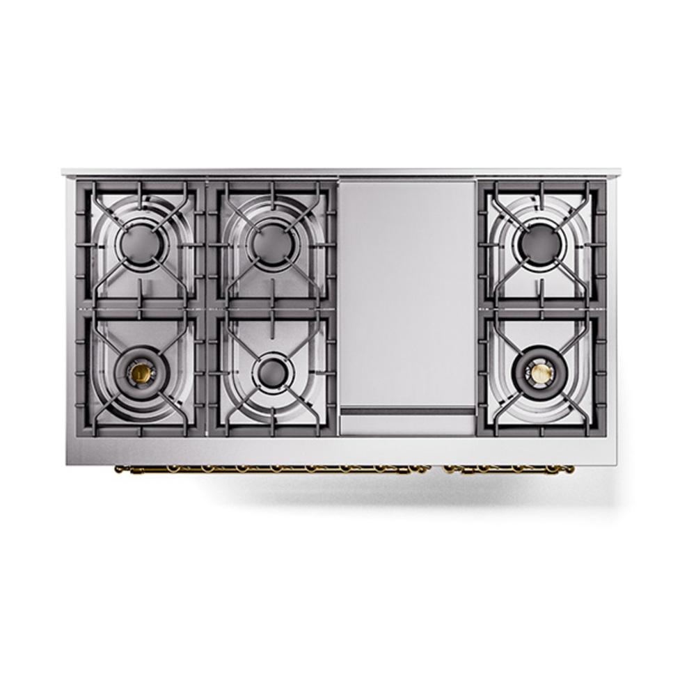 ILVE UN48FQNMPBKGLP Nostalgie II Noblesse 48 inch Dual Fuel Range (8 Sealed Burners + Griddle, Liquid Propane, Solid Door, Glossy Black, Brass)