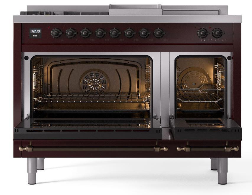Nostalgie II 48 Inch Dual Fuel Liquid Propane Freestanding Range in Burgundy with Bronze Trim