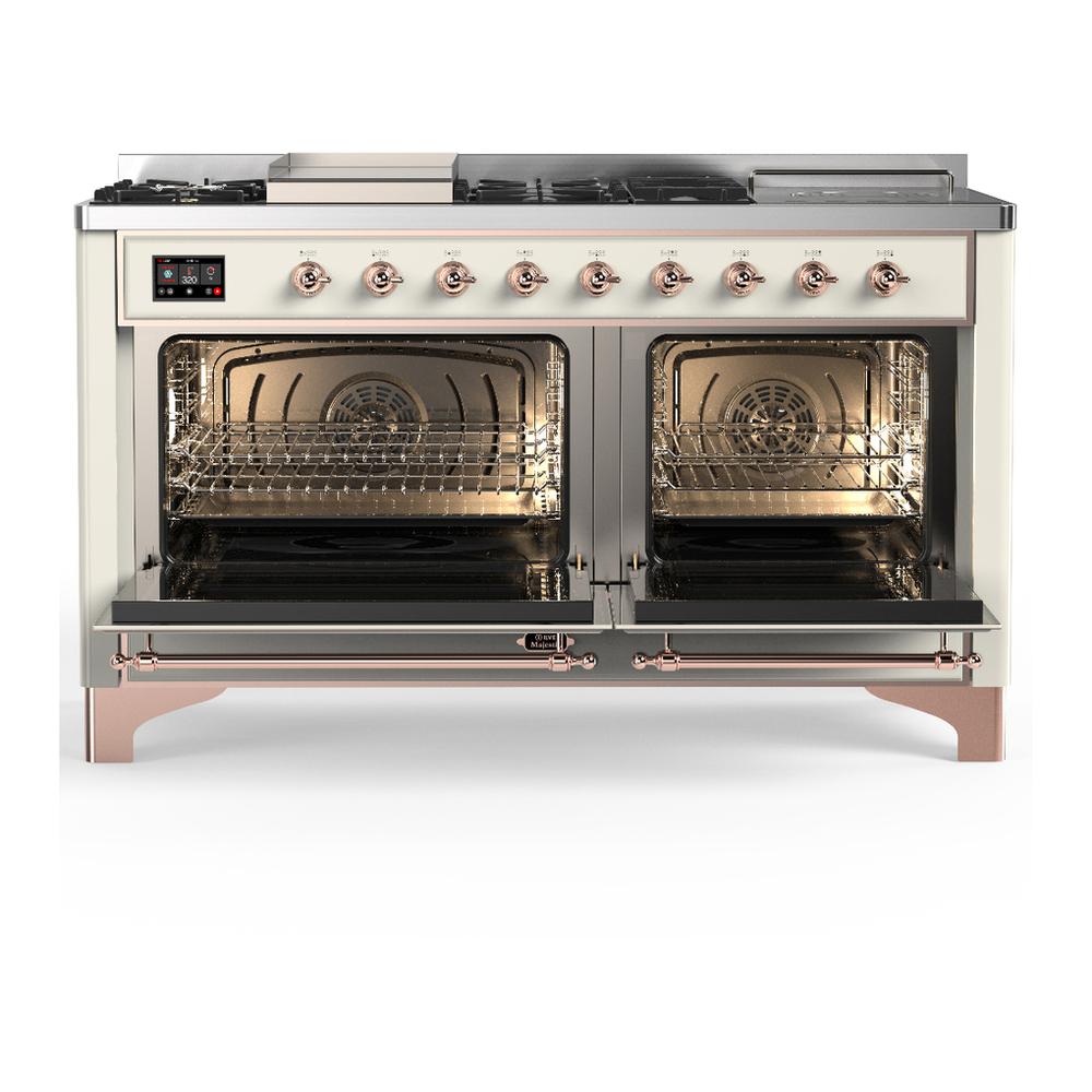 ILVE UM60FSQNR3AWPLP Majestic III 60 inch Dual Fuel Range with 7 Burners, Griddle and French Top, Dual Function Burner with up to 25,000 BTU (Liquid Propane, Solid Door, Antique White, Copper)