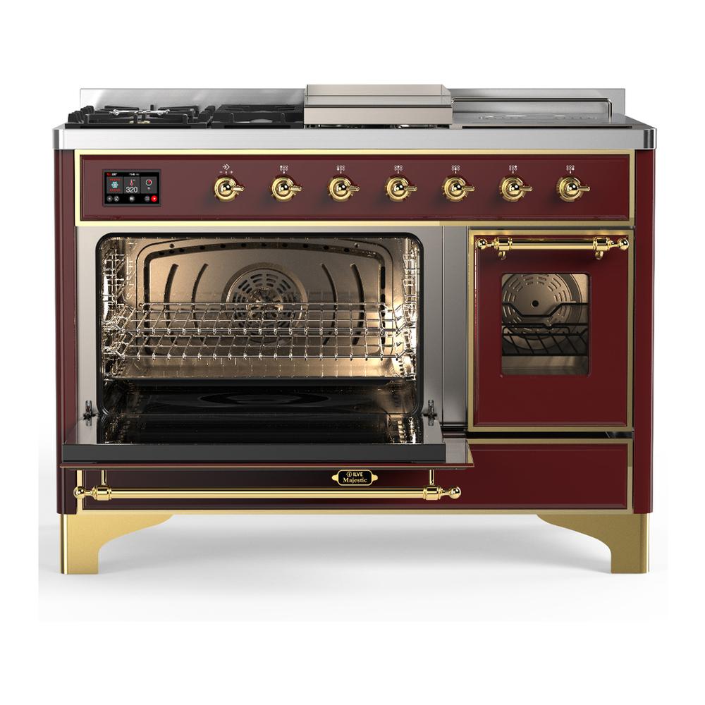 ILVE UM48FSNR3BUG Majestic III 48 inch Dual Fuel Range with 5 Black Brass Burners, Griddle and French Top, Dual Function Burner up to 25,000 BTU (Natural Gas, Triple Glass Door, Burgundy, Brass)