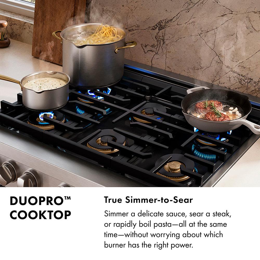 ZLINE Autograph Edition 48 in. 6.7 cu. ft. Paramount Dual Fuel Range with 8 Burner DuoPro? Cooktop and Dual Ovens in Black Stainless Steel and Champagne Bronze Accents (PSDRBZ-48-CB)