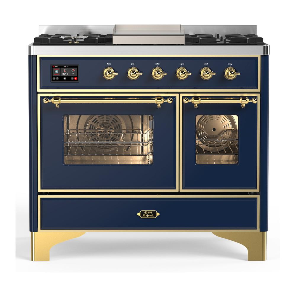 ILVE UMD40FNR3MBG Majestic III 40 inch Dual Fuel Range with 6 Burners and Griddle, Dual Function Burner up to 25,000 BTU (Natural Gas, Triple Glass Door, Midnight Blue, Brass)
