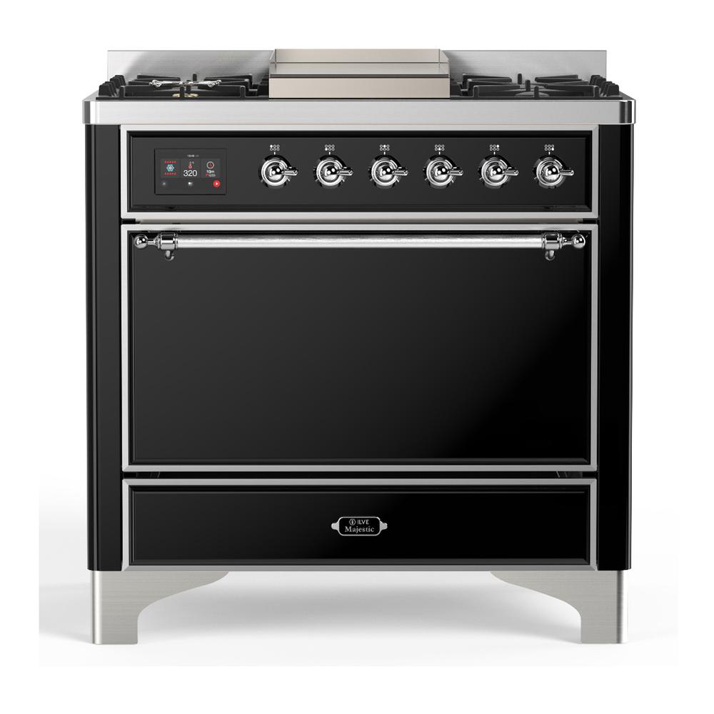 ILVE UM36FQNR3BKC Majestic III 36 inch Dual Fuel Range with 6 Black Brass Burners and Griddle, Dual Function Burner up to 25,000 BTU (Solid Door, Glossy Black, Chrome, Natural Gas)