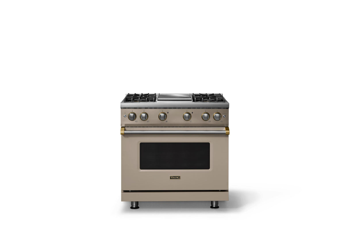 36"W. Sealed Burner Gas Range (Burner: 4g, Finish: Nantucket, Trim: Brushed Brass, Fuel: Natural Gas)