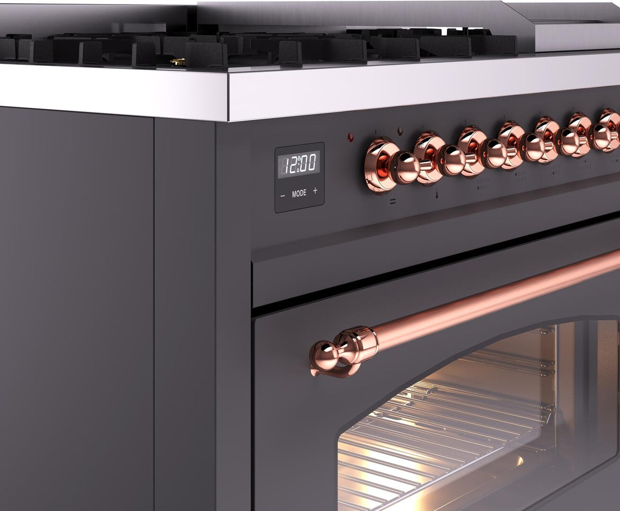Nostalgie II 48 Inch Dual Fuel Liquid Propane Freestanding Range in Matte Graphite with Copper Trim