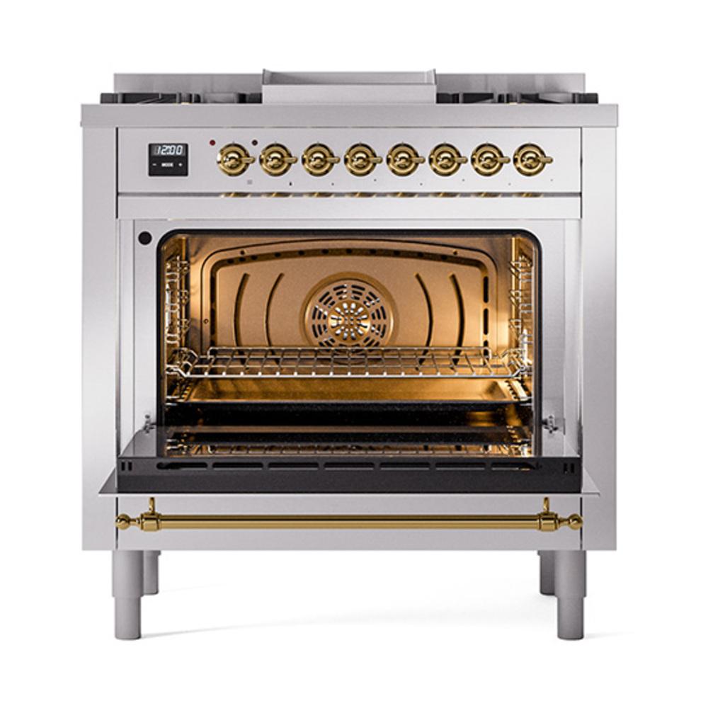 ILVE UN36FQNMPSSGLP Nostalgie II Noblesse 36 inch Dual Fuel Range (Liquid Propane, Solid Door, Stainless Steel, Brass)