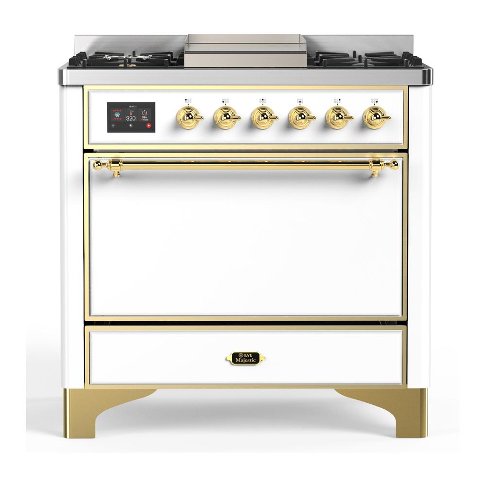 ILVE UM36FQNR3WHGLP Majestic III 36 inch Dual Fuel Range with 6 Black Brass Burners and Griddle, Dual Function Burner up to 25,000 BTU (Solid Door, White, Brass, Liquid Propane)