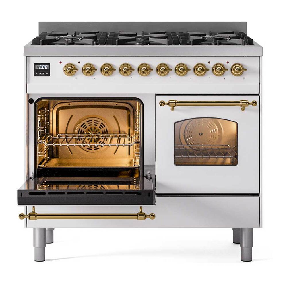 ILVE UPD406NMPWHGLP Nostalgie II 40 inch Dual Fuel Range with 6 Total Black Brass Burners, Brass Trim (Limited Edition) (Liquid Propane, White)