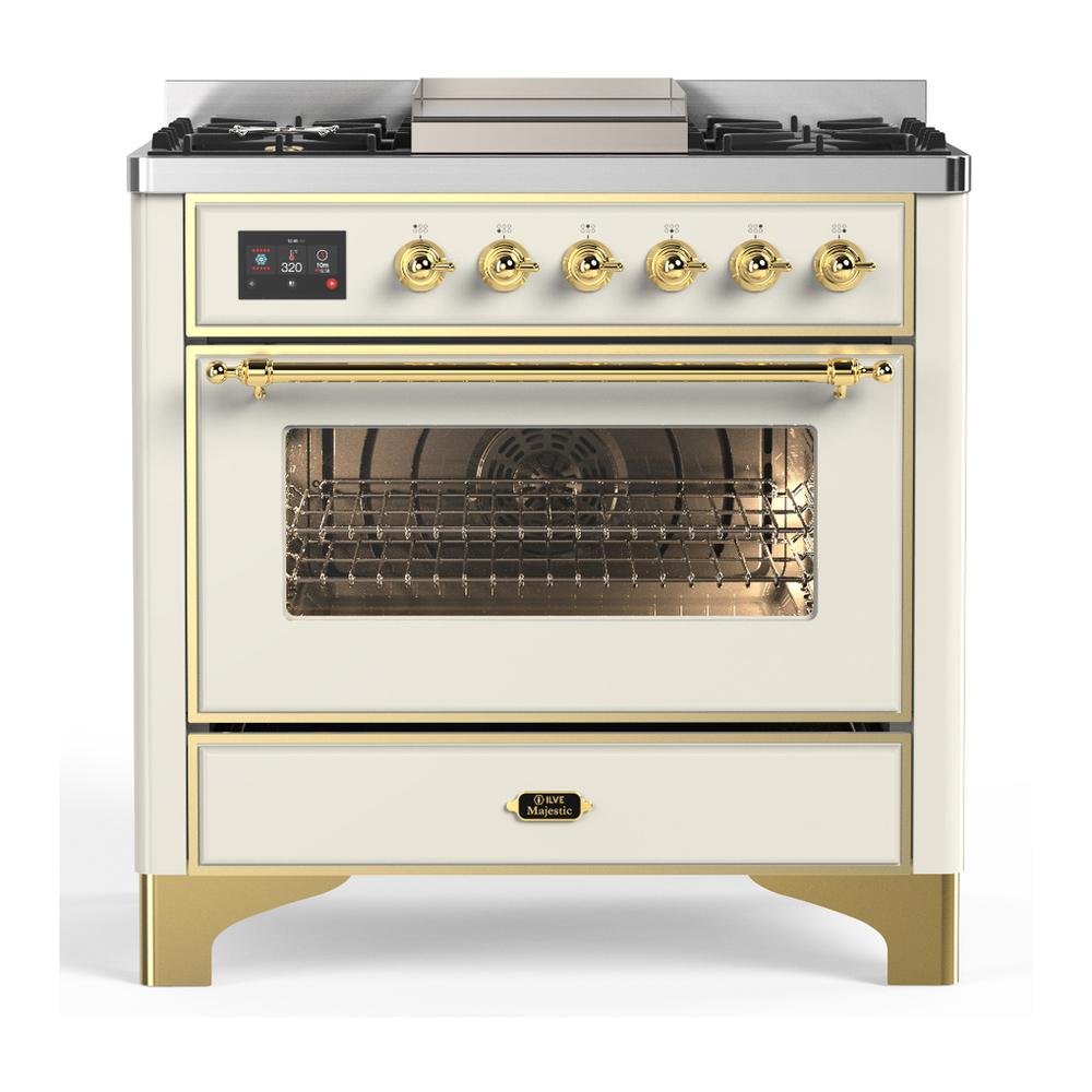 ILVE UM36FNR3AWGLP Majestic III 36 inch Dual Fuel Range with 6 Black Brass Burners and Griddle, Dual Function Burner up to 25,000 BTU (Triple Glass Door, Antique White, Brass, Liquid Propane)