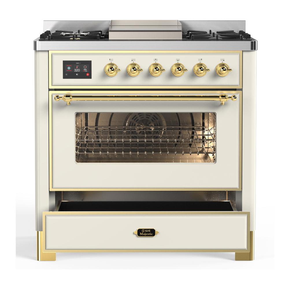 ILVE UM36FNR3AWG Majestic III 36 inch Dual Fuel Range with 6 Black Brass Burners and Griddle, Dual Function Burner up to 25,000 BTU (Triple Glass Door, Antique White, Brass, Natural Gas)