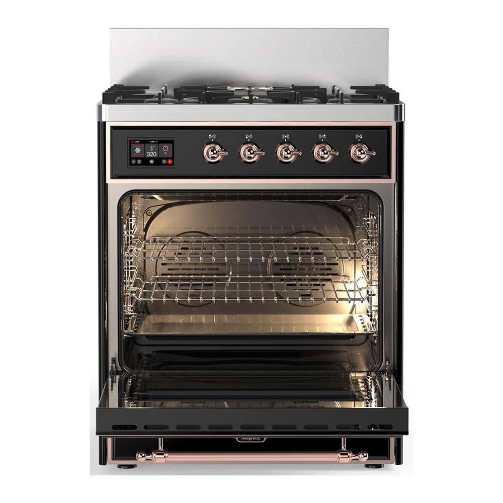 ILVE UM30QNR3BKPLP Majestic III 30 inch Dual Fuel Range with 5 Black Brass Burners, Dual Function Burner up to 25,000 BTU (Liquid Propane, Solid Door, Glossy Black, Copper)