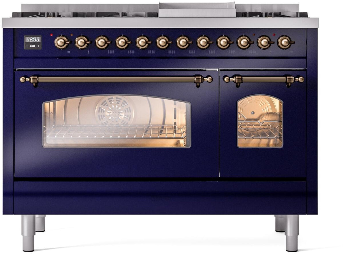 Nostalgie II 48 Inch Dual Fuel Natural Gas Freestanding Range in Blue with Bronze Trim