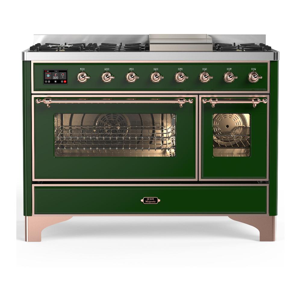 ILVE UM48FNR3EGPLP Majestic III 48 inch Dual Fuel Range with 8 Burners and Griddle, Dual Function Burner up to 25,000 BTU (Liquid Propane, Triple Glass Door, Emerald Green, Copper)