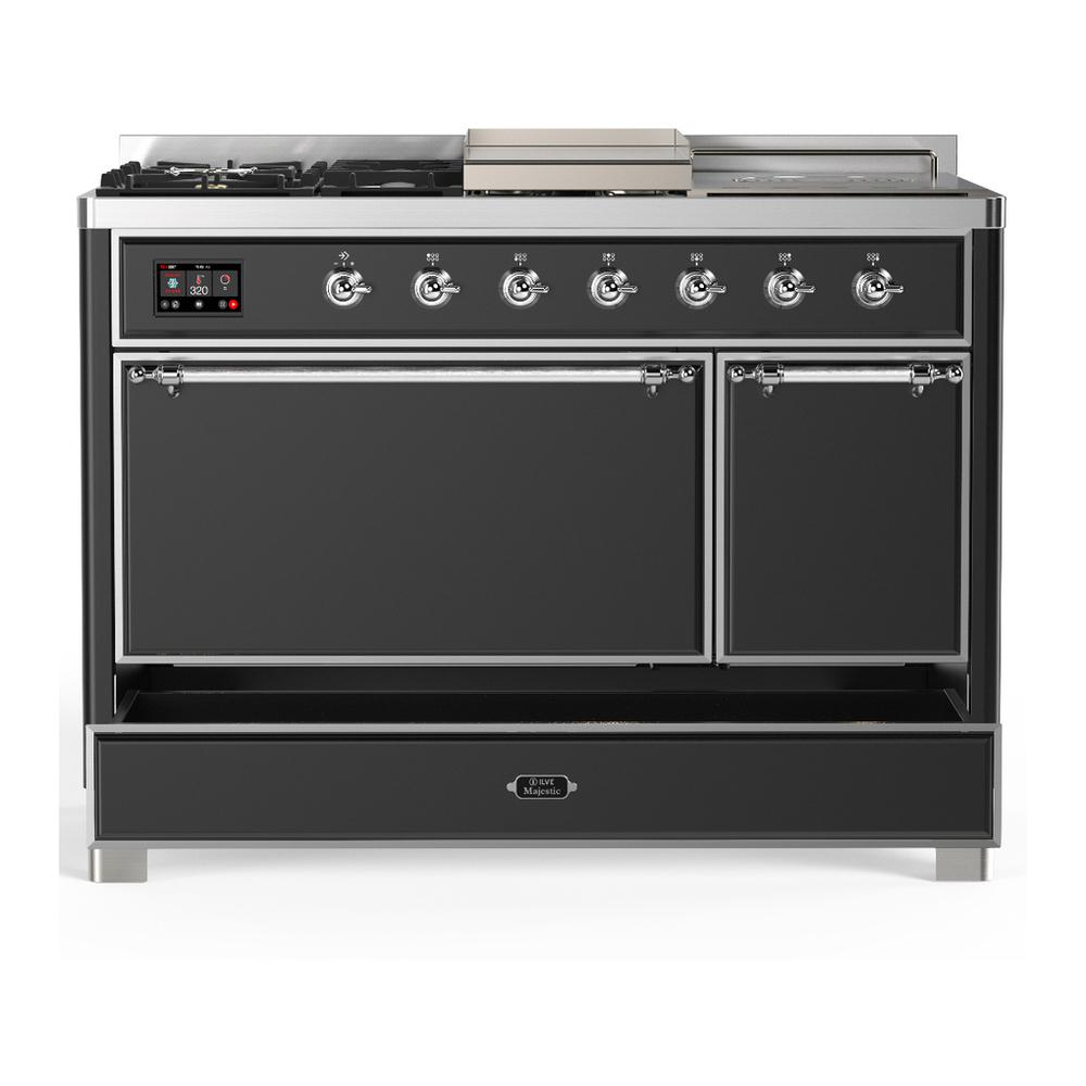 ILVE UM48FSQNR3MGC Majestic III 48 inch Dual Fuel Range with 5 Black Brass Burners, Griddle and French Top, Dual Function Burner up to 25,000 BTU (Natural Gas, Solid Door, Graphite Matte, Chrome)
