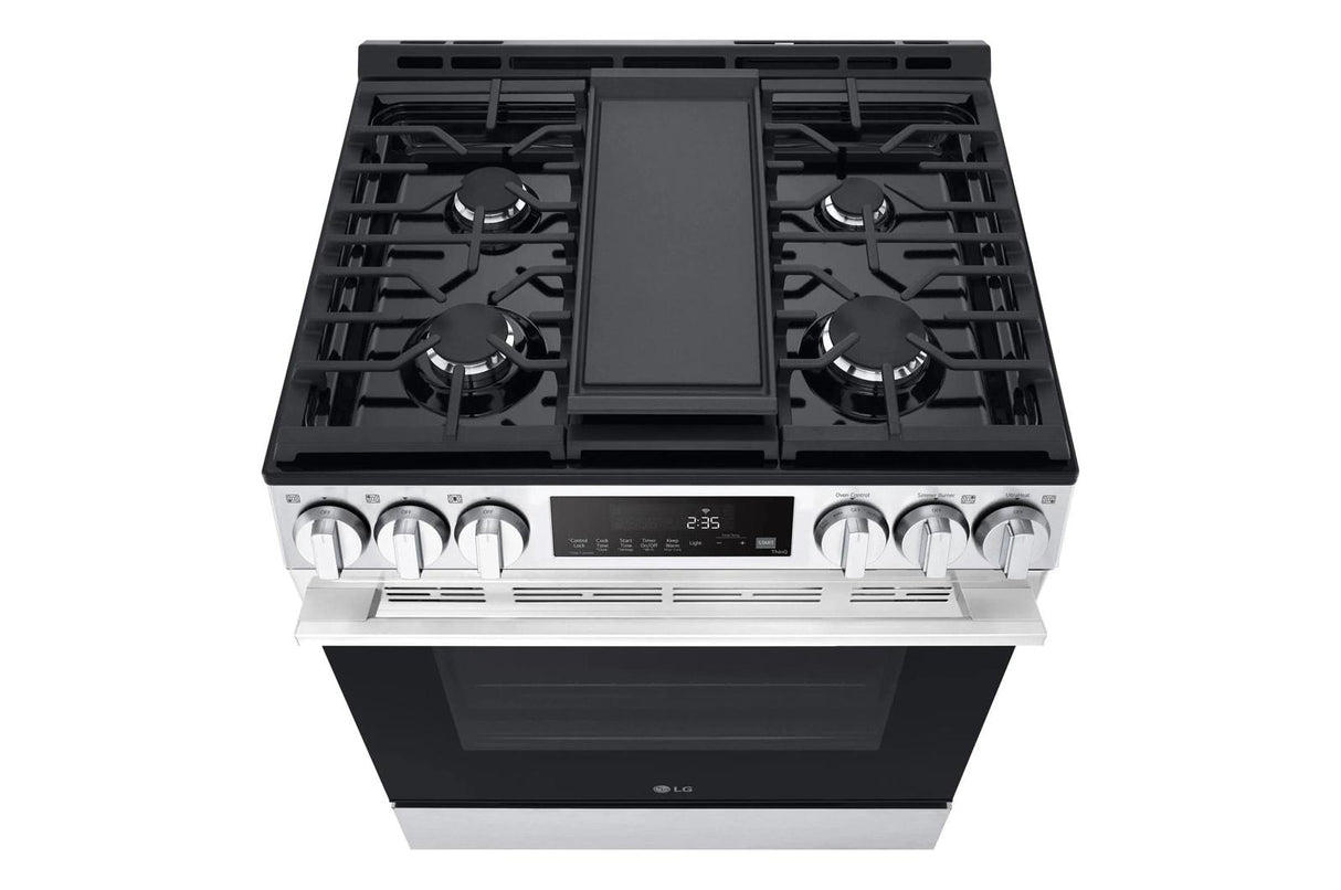5.8 cu.ft. Smart Gas Single Oven Slide-in Range, Air Fry, Fan Convection, EasyClean®, Self Clean, ThinQ®, Printproof® Stainless Steel - New Handle