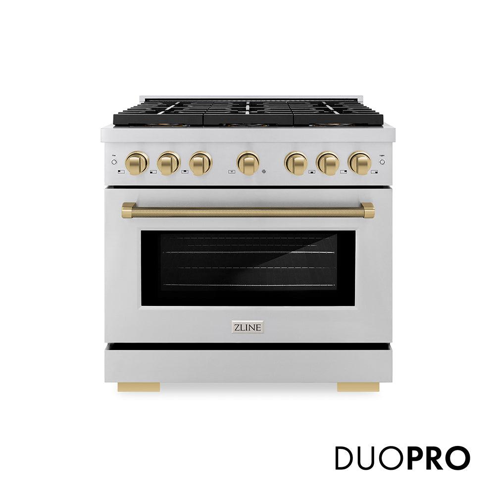 ZLINE Autograph Edition 36 in. 5.2 cu. ft. Paramount Gas Range with 6 Burner DuoPro? Cooktop and Convection Gas Oven in Stainless Steel with Champagne Bronze Helix Handle and Accents (PSGRZ-36-KCB)