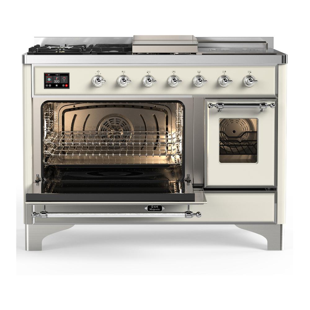 ILVE UM48FSNR3AWC Majestic III 48 inch Dual Fuel Range with 5 Black Brass Burners, Griddle and French Top, Dual Function Burner up to 25,000 BTU (Natural Gas, Triple Glass Door, Antique White, Chrome)