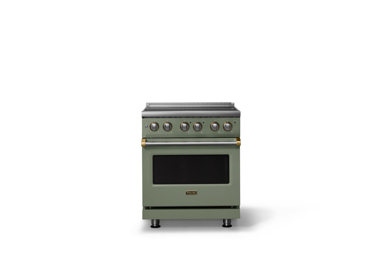 30"W. Electric Range (Finish: Eucalyptus, Trim: Brushed Brass)