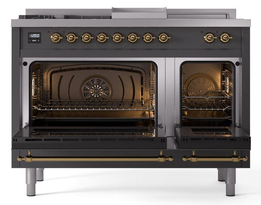 Nostalgie II 48 Inch Dual Fuel Natural Gas Freestanding Range in Matte Graphite with Brass Trim