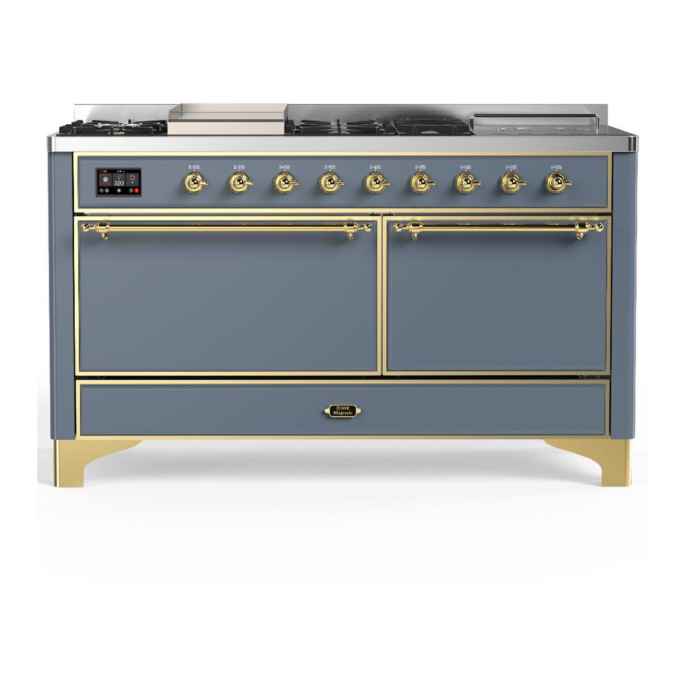 ILVE UM60FSQNR3BGG Majestic III 60 inch Dual Fuel Range with 7 Burners, Griddle and French Top, Dual Function Burner with up to 25,000 BTU (Natural Gas, Solid Door, Blue Grey, Brass)