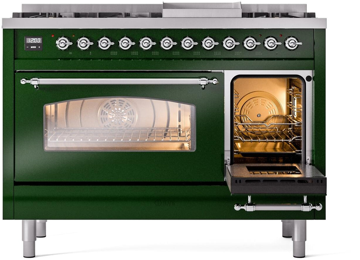 Nostalgie II 48 Inch Dual Fuel Natural Gas Freestanding Range in Emerald Green with Chrome Trim