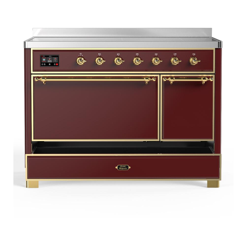 ILVE UMIB48QNR3BUG Majestic III 48 inch Induction Range with 6 Elements, 5.02 cu. ft. Total Oven Capacity (Solid Door, Burgundy, Brass)
