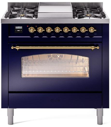Nostalgie II 36 Inch Dual Fuel Liquid Propane Freestanding Range in Blue with Brass Trim