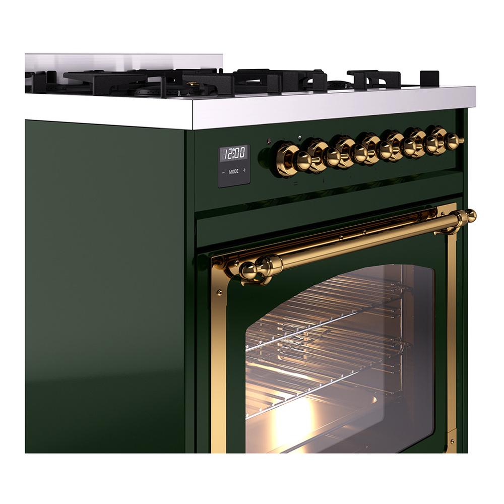 ILVE UN30NMPEGGLP Nostalgie II Noblesse 30 inch Dual Fuel Range (Liquid Propane, Triple Glass Door, Emerald Green, Brass)