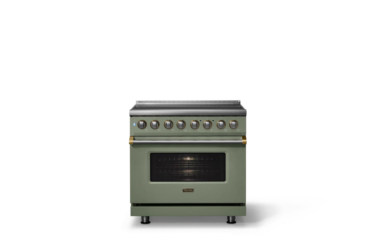 36"W. Induction Range (Finish: Eucalyptus, Trim: Brushed Brass)