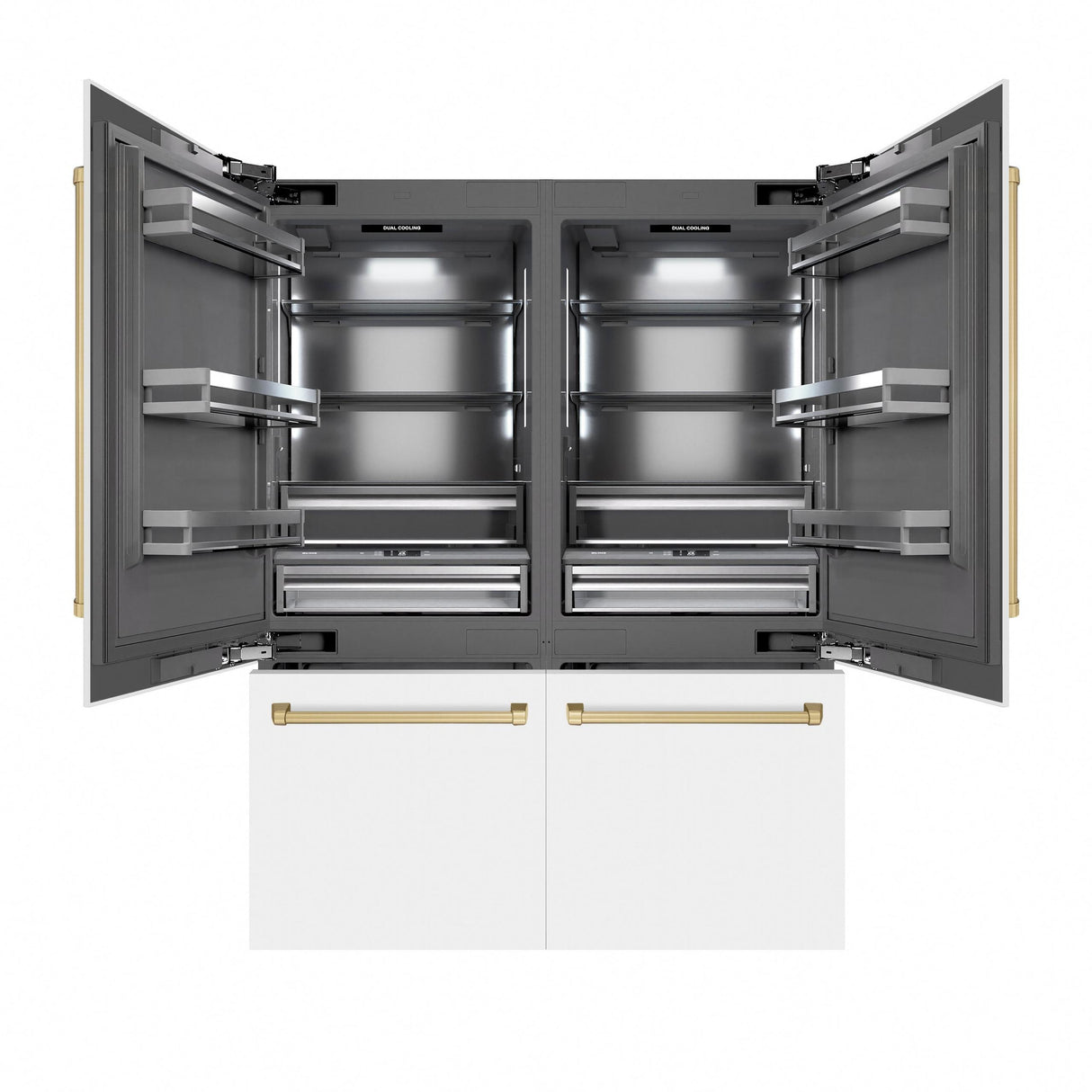 ZLINE Autograph Edition 60 in. 32.2 cu. ft. French Door Built-In Bottom Freezer Refrigerator with Water Dispenser and Ice Maker in White Matte with Graphite Gray Interior and Champagne Bronze Accents (GRBIVZ-WM-60-CB)