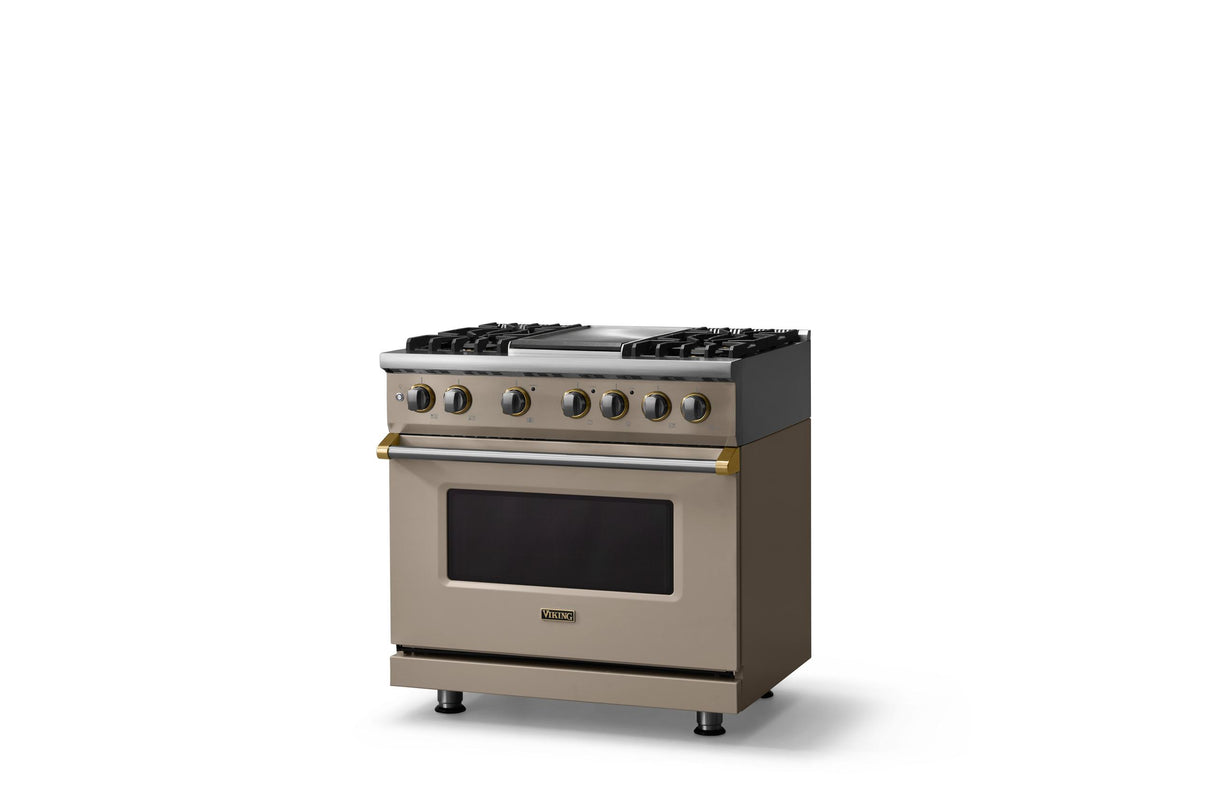 36"W. Dual Fuel Range (Burner: 4g, Finish: Nantucket, Trim: Brushed Brass, Fuel: Natural Gas)