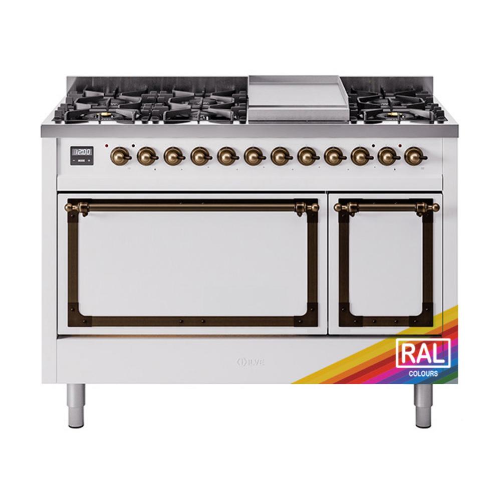 ILVE UN48FQNMPRABLP Nostalgie II Noblesse 48 inch Dual Fuel Range (8 Sealed Burners + Griddle, Liquid Propane, Solid Door, RAL, Burnished)