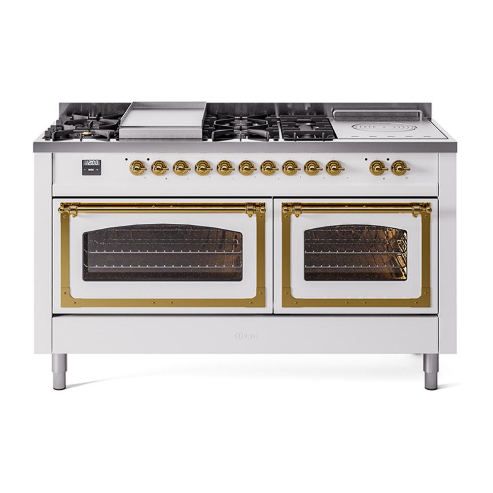 ILVE UN60FSNMPWHGLP Nostalgie II Noblesse 60 inch Dual Fuel Range (7 Sealed Burners + Griddle + French Top, Liquid Propane, Triple Glass Door, White, Brass)
