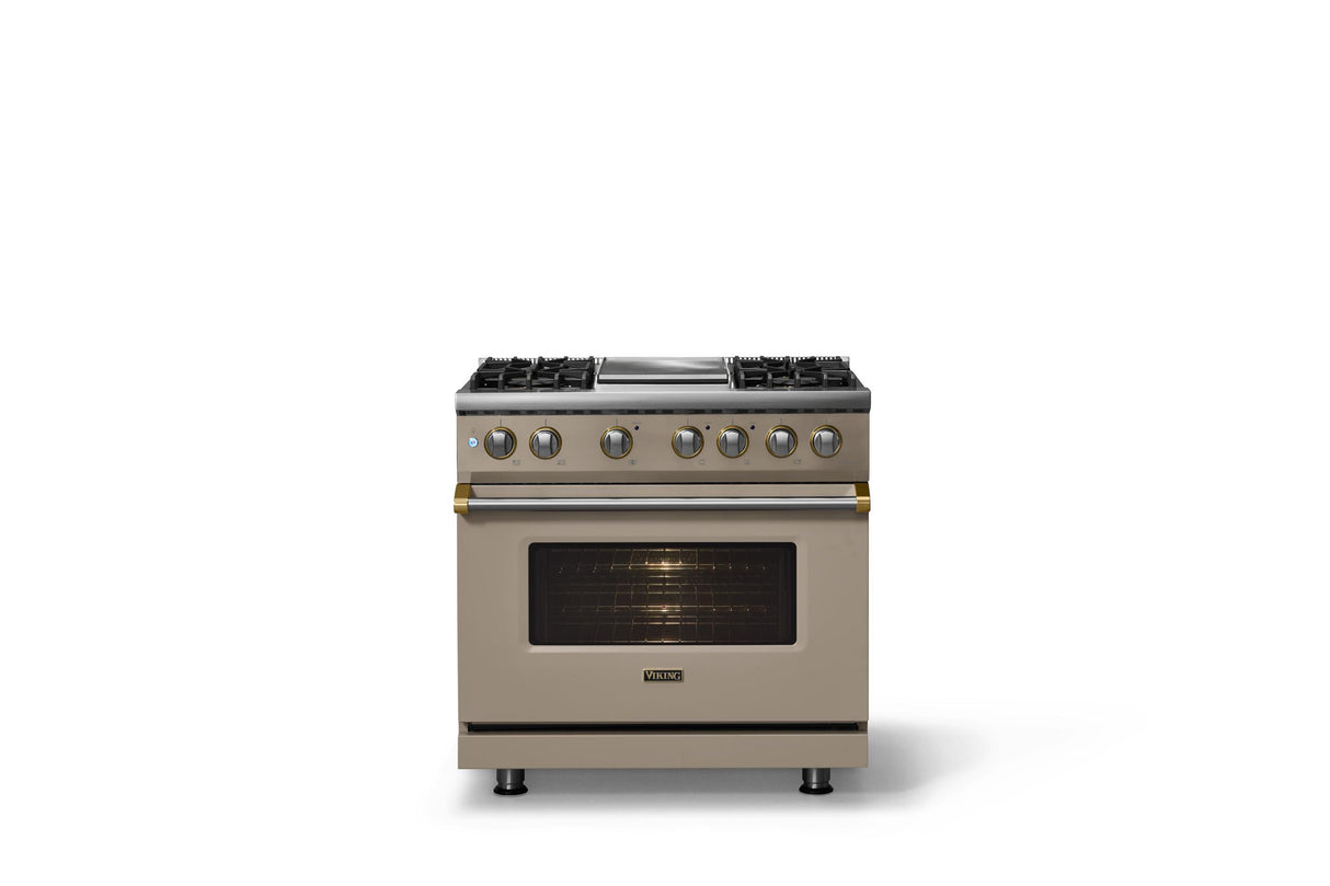 36"W. Dual Fuel Range (Burner: 4g, Finish: Nantucket, Trim: Brushed Brass, Fuel: Natural Gas)
