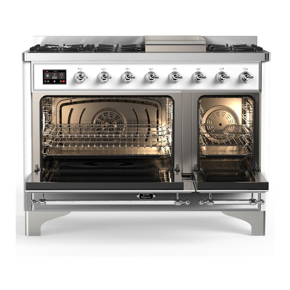 ILVE UM48FNR3WHC Majestic III 48 inch Dual Fuel Range with 8 Burners and Griddle, Dual Function Burner up to 25,000 BTU (Natural Gas, Triple Glass Door, White, Chrome)