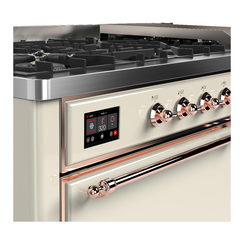 ILVE UM60FQNR3AWPLP Majestic III 60 inch Dual Fuel Range with 9 Burners and Griddle, Dual Function Burner up to 25,000 BTU (Liquid Propane, Solid Door, Antique White, Copper)