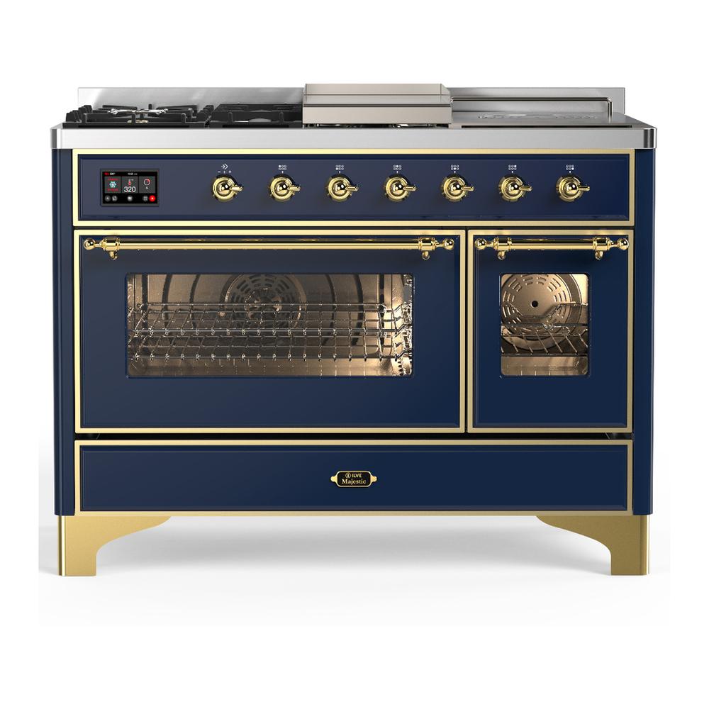 ILVE UM48FSNR3MBG Majestic III 48 inch Dual Fuel Range with 5 Black Brass Burners, Griddle and French Top, Dual Function Burner up to 25,000 BTU (Natural Gas, Triple Glass Door, Midnight Blue, Brass)