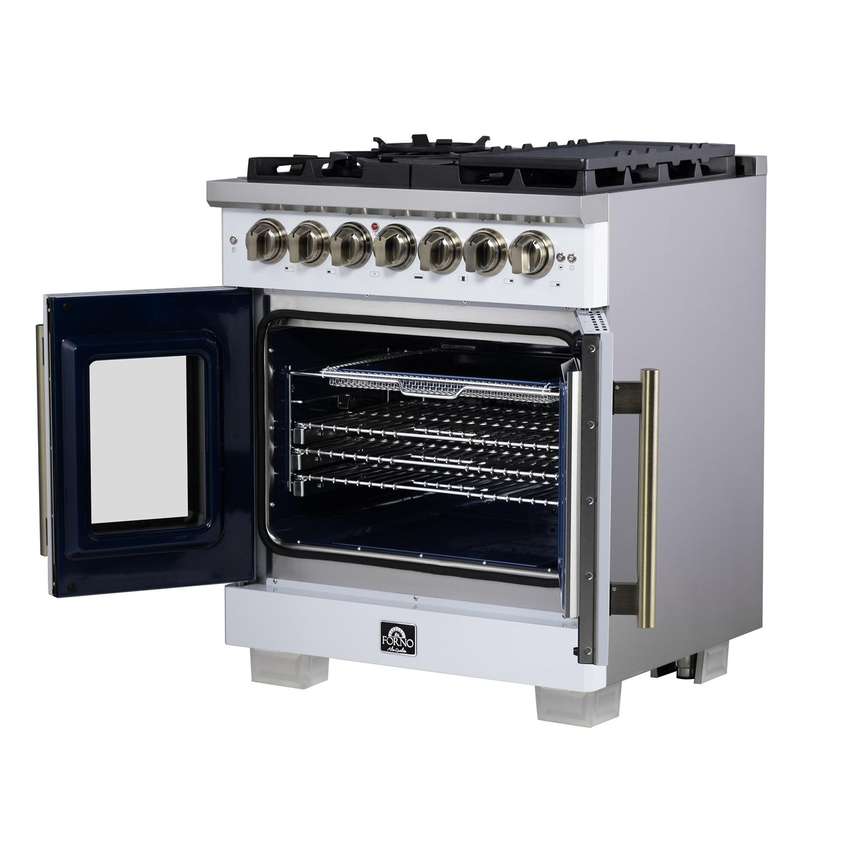Forno Capriasca 30 Inch Freestanding French Door Dual Fuel Range in White with Antique Brass Accessories, 5 Burners, True Convection Oven