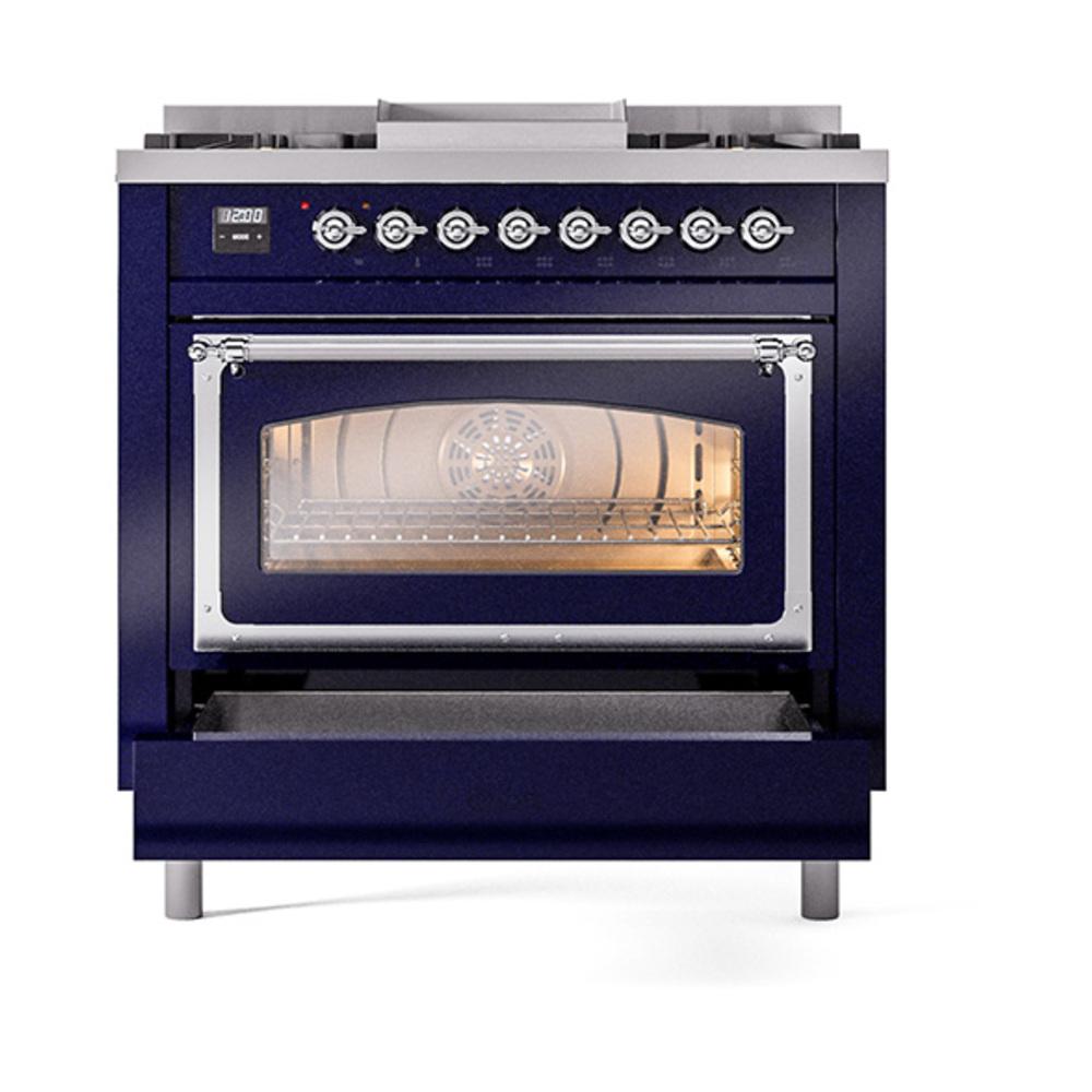ILVE UN36FNMPMBC Nostalgie II Noblesse 36 inch Dual Fuel Range (Natural Gas, Triple Glass Door, Midnight Blue, Chrome)