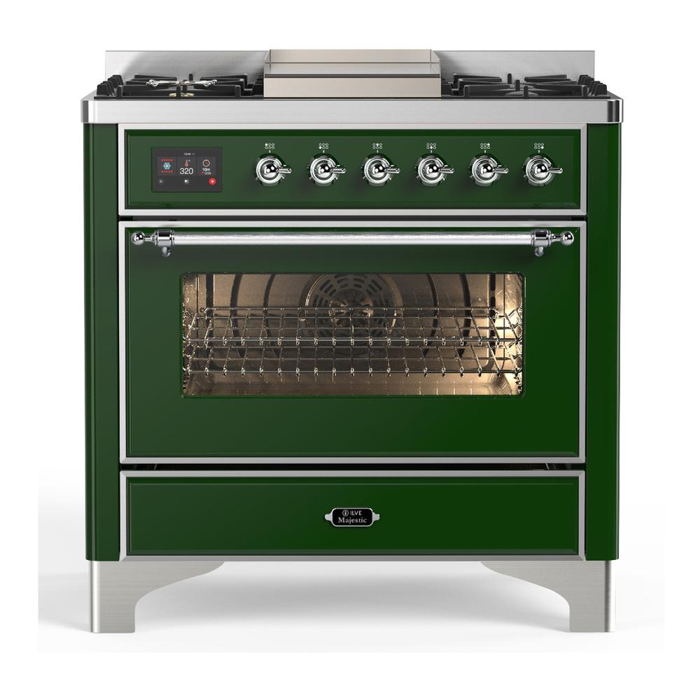ILVE UM36FNR3EGCLP Majestic III 36 inch Dual Fuel Range with 6 Black Brass Burners and Griddle, Dual Function Burner up to 25,000 BTU (Triple Glass Door, Emerald Green, Chrome, Liquid Propane)