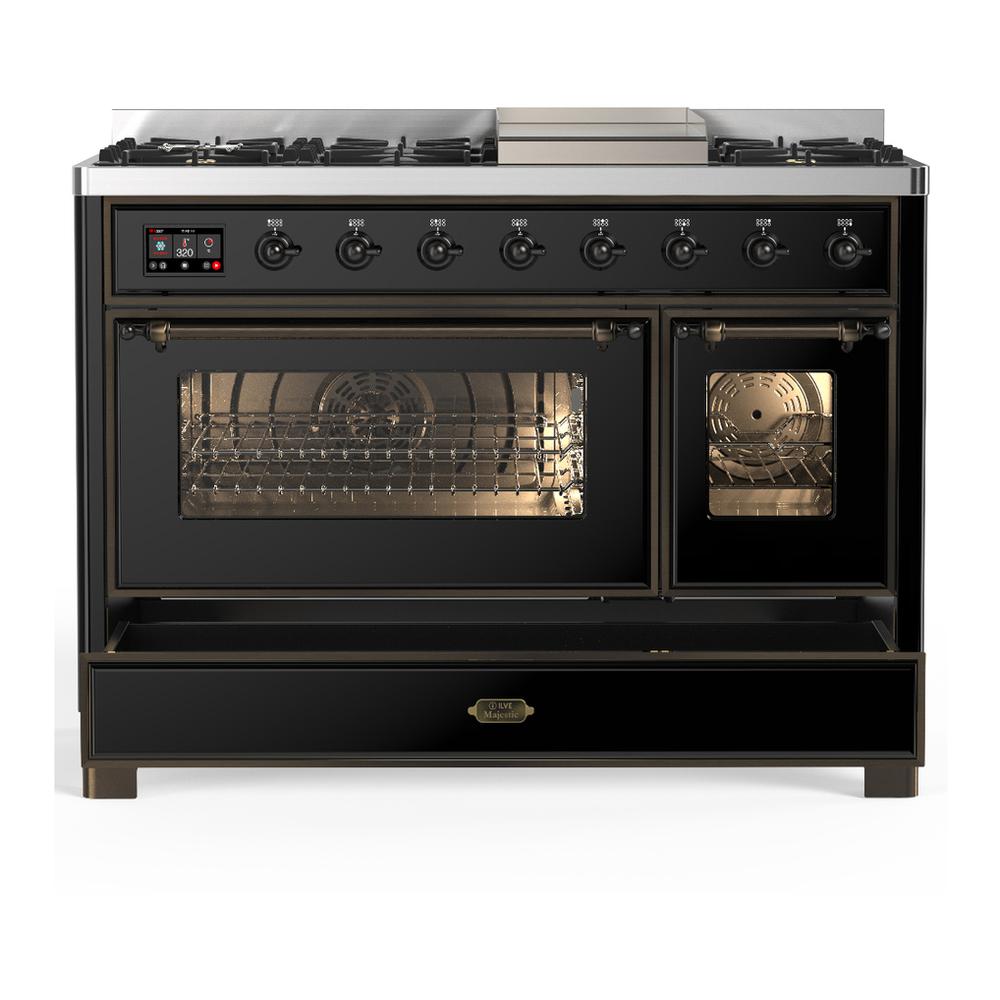 ILVE UM48FNR3BKB Majestic III 48 inch Dual Fuel Range with 8 Burners and Griddle, Dual Function Burner up to 25,000 BTU (Natural Gas, Triple Glass Door, Glossy Black, Burnished)