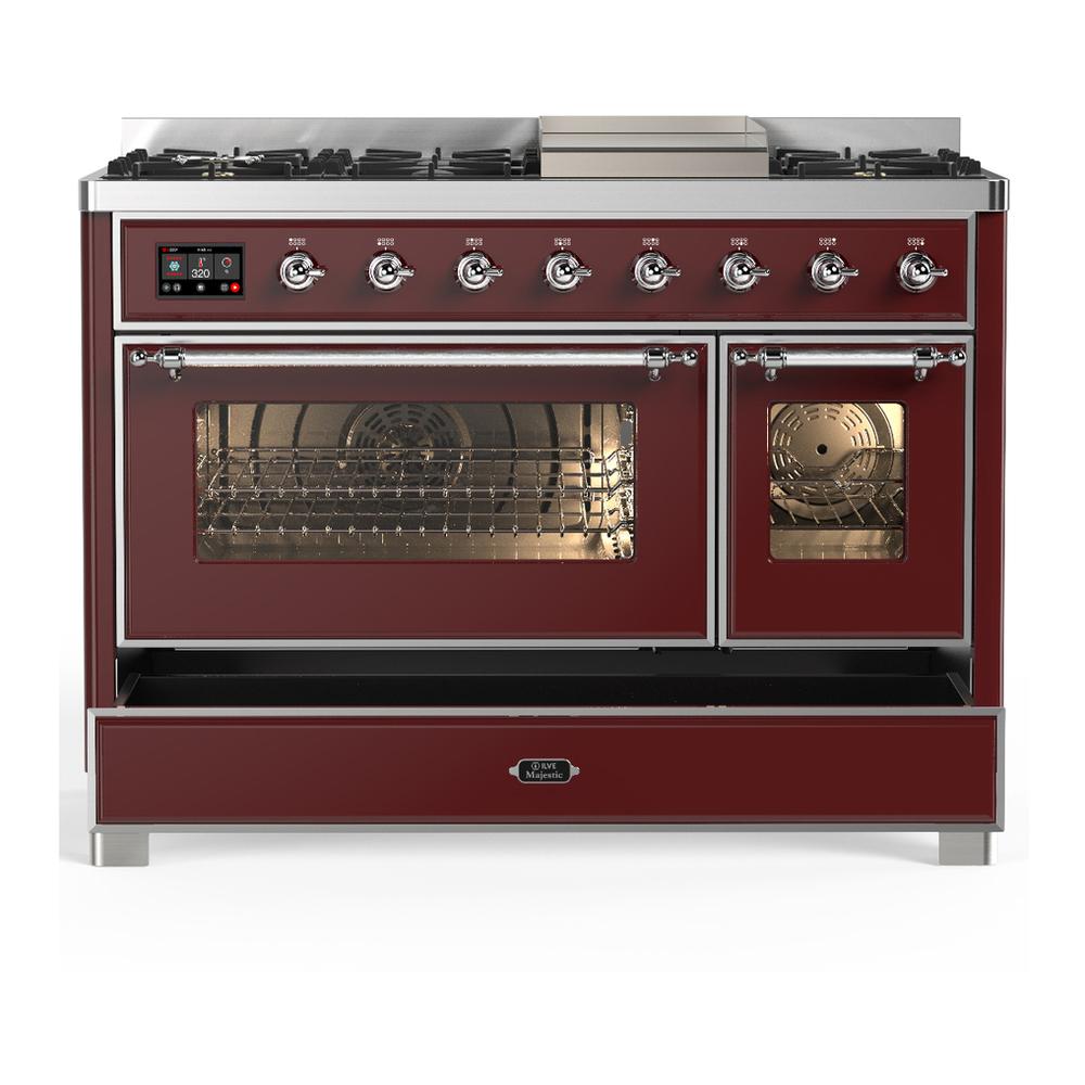 ILVE UM48FNR3BUCLP Majestic III 48 inch Dual Fuel Range with 8 Burners and Griddle, Dual Function Burner up to 25,000 BTU (Liquid Propane, Triple Glass Door, Burgundy, Chrome)