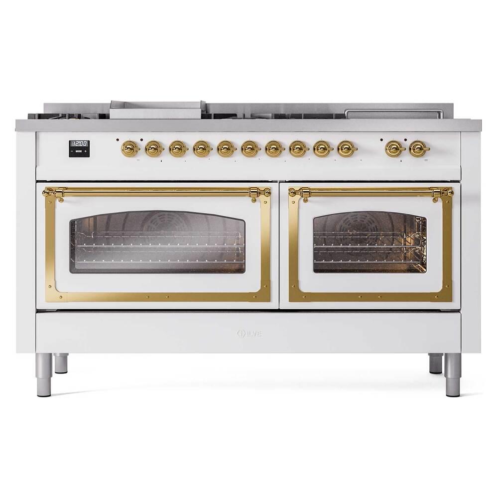 ILVE UN60FSNMPRAG Nostalgie II Noblesse 60 inch Dual Fuel Range (7 Sealed Burners + Griddle + French Top, Natural Gas, Triple Glass Door, RAL, Brass)
